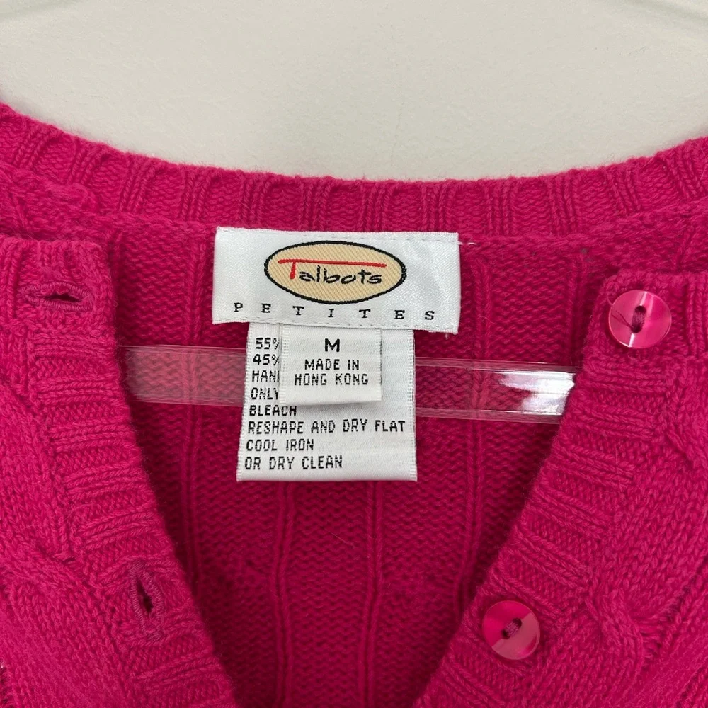 VTG Talbots Petites Cotton Cashmere Pink Cable Knit Cardigan Sweater Size Medium